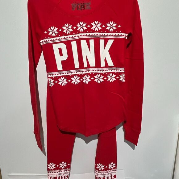 PINK Victoria's Secret Red White Holiday Long Sleeve 2 Pc Pajama Set Small XS - Picture 2 of 11